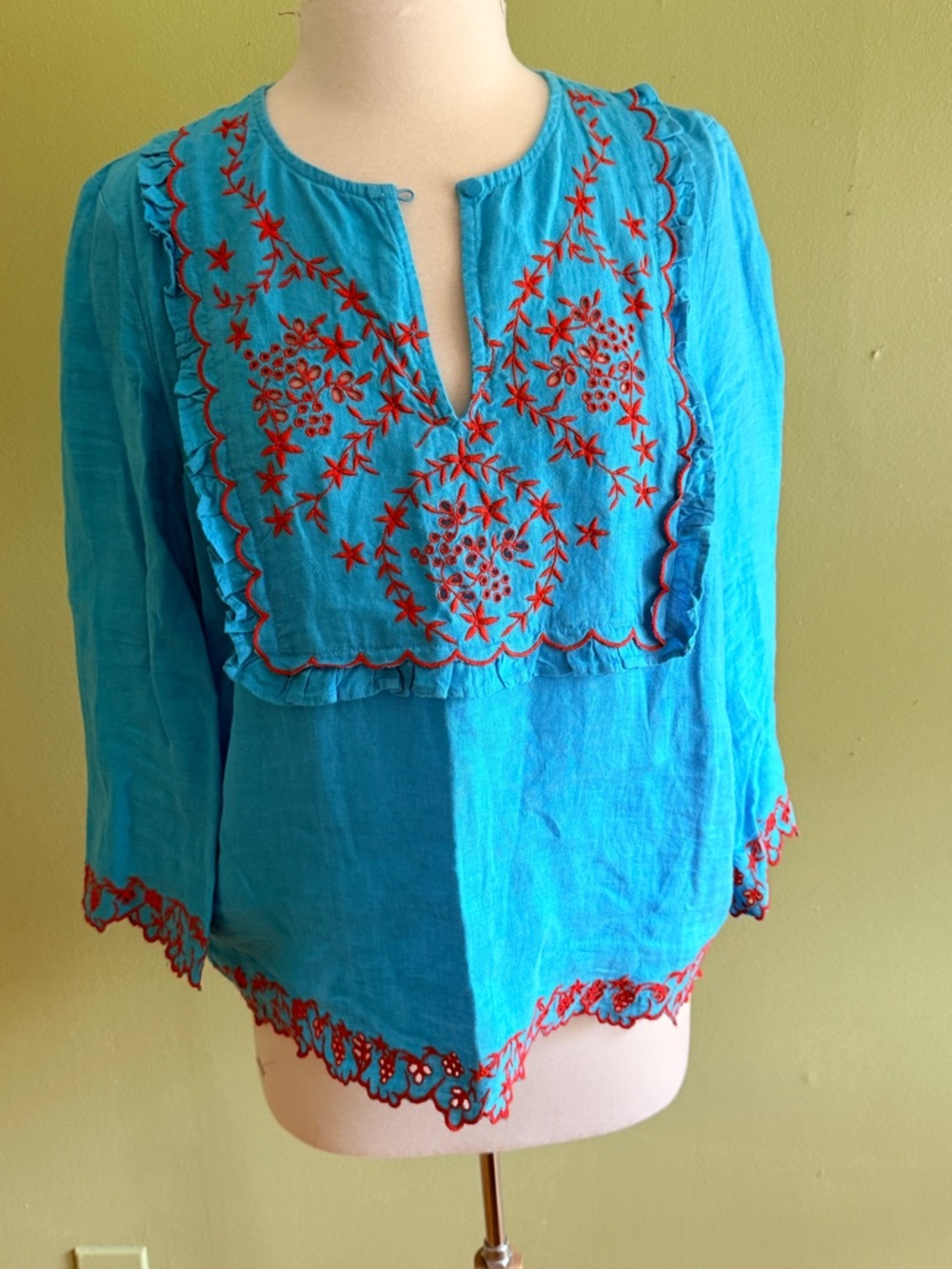 J Crew Linen Embroidered Cotton Top - Turquoise with Red Stitching - like new